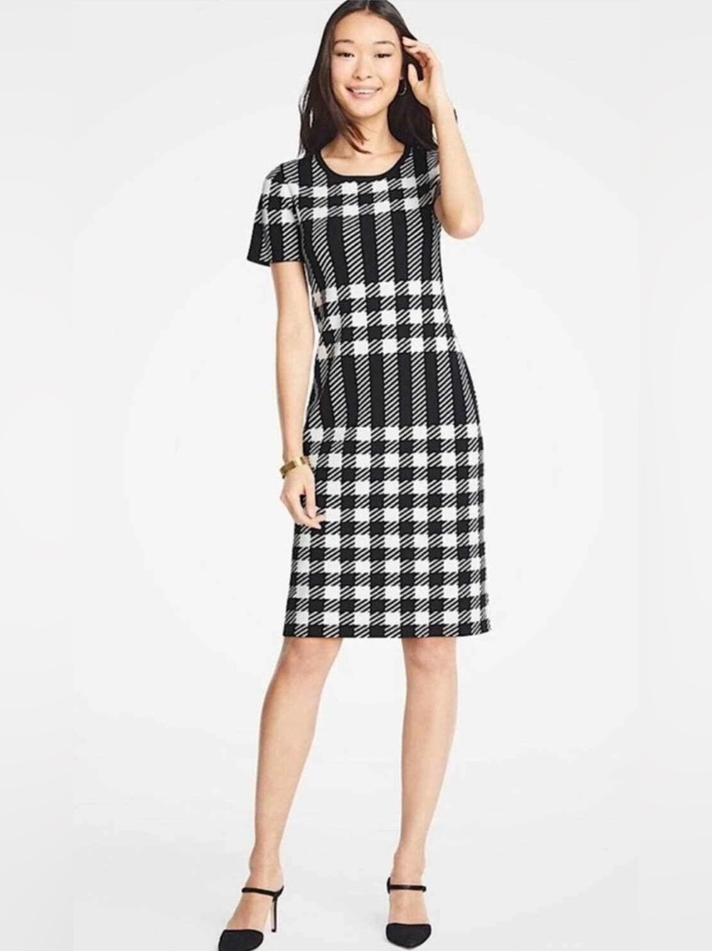 Ann Taylor Houndstooth Plaid Dress XS Viscose Stretch Black White